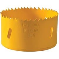 Yellow Faithfull Bi-Metal Cobalt Holesaw 83mm with jagged teeth and side slots for efficient cutting.