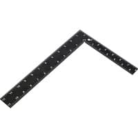 Black steel roofing square with white measurement markings and a 90-degree angle.