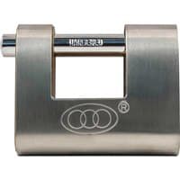 Brass Faithfull shutter padlock with rectangular body and chrome-plated shackle.