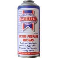 Blue and silver Faithfull butane propane gas cartridge with red text and safety valve.