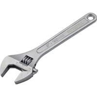 Chrome adjustable spanner with engraved measurements and hole in handle for hanging.