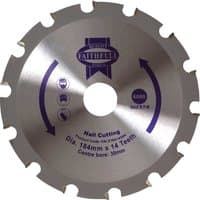 Circular saw blade for wood with nails, silver with 14 teeth, Faithfull logo, and purple text detailing specifications.