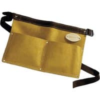 Brown Faithfull leather nail pouch with two pockets and adjustable black belt.