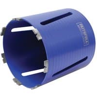 Blue Faithfull dry diamond core bit, 157 x 150mm, with silver cutting segments and side ventilation slots.