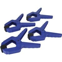 Set of four blue Faithfull spring clamps, 75mm size, with textured grips and black pivoting jaw pads.