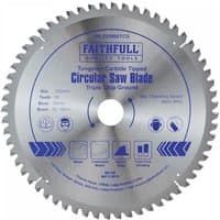Circular saw blade, silver, 250mm diameter, 60 teeth, blue Faithfull branding, triple chip ground design.