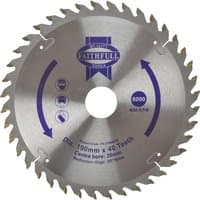 Circular saw blade with 40 fine cross-cut teeth, silver with blue Faithfull logo and specifications printed on it.