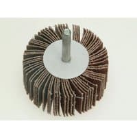 Faithfull Flap Wheel 60x30mm with brown abrasive flaps and central metal spindle for sanding and finishing.