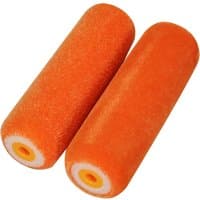 Orange Faithfull Flock Foam Mini Paint Roller Refill with smooth texture and yellow plastic core, set of two.