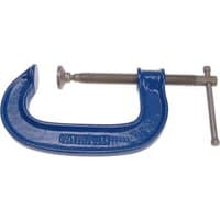 Blue Faithfull G Clamp with a silver screw handle and threaded spindle.