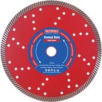 Red Faithfull Turbo Cut diamond blade, 230 x 22mm, with blue center label and perforated edge design.