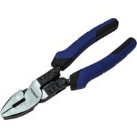 Blue and black Faithfull high leverage combination pliers with textured grip and polished steel jaws.