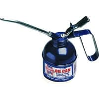 Blue Faithfull Lever Action Oil Can with curved spout and black handle.