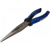 Faithfull long nose pliers 200mm with blue and black rubber grips and pointed metal jaws.