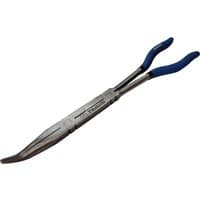 Faithfull long reach bent nose pliers with silver metal body and blue rubber grips.