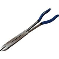 Long reach side cutting pliers with silver metal jaws and blue rubber grips by Faithfull.