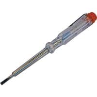 Transparent Faithfull mains tester screwdriver with a red cap and metal tip.