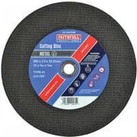 Faithfull metal cut-off disc, 300x3.5x22.23mm, black with blue label, red accents, and white text detailing specifications.