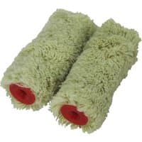 Green Faithfull Mini Masonry Paint Roller Refills with red plastic ends, fluffy texture, set of two.