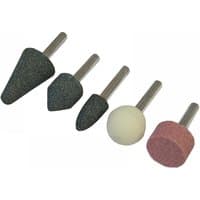 Faithfull Mounted Grinding Stones Set, 5 pieces with various shapes, gray and pink abrasive heads on metal shafts.
