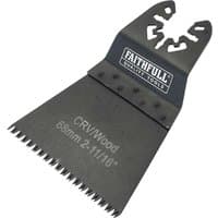 Black Faithfull oscillating multi-tool blade with serrated edge, labeled "CRV Wood 68mm 2-11/16" and logo on top.