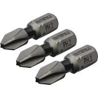 Faithfull Phillips impact screwdriver bits PH2, 25mm, silver and black, pack of 3 with engraved labels.