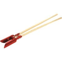 Red Faithfull post hole digger with wooden handles and metal blades.