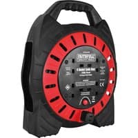 Black and red Faithfull Power Plus cable reel with handle, four sockets, and semi-enclosed design.
