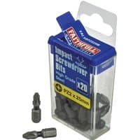 Faithfull Pozidriv impact screwdriver bits in a blue plastic box, includes 20 bits with a PZ2 x 25mm size label.