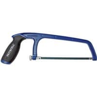 Blue Faithfull mini hacksaw with black ergonomic handle and adjustable metal blade tensioner.