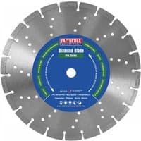 Silver Faithfull diamond blade with blue center, 300mm diameter, segmented edge, and labeled for professional use.