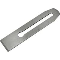Silver Faithfull replacement blade for No 3 bench plane, rectangular with a central slot and rounded top edge.