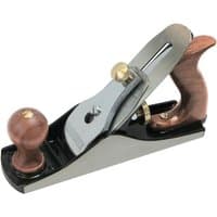Faithfull No.4 smoothing plane with polished metal body, wooden handles, and brass adjustment knob.