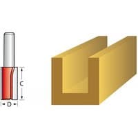 Faithfull router bit TCT two flute, red and silver, 12.7 x 25mm with 1/4in shank, alongside groove diagram.