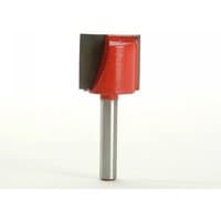 Red and silver Faithfull router bit with two flutes, 22mm cutting diameter, 19mm length, 1/4-inch shank.