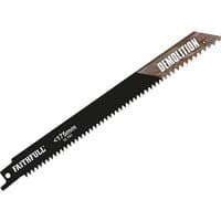 Black Faithfull S1122HF reciprocating saw blade with sharp teeth and "Demolition" text, 172mm length.