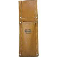 Brown leather Faithfull Scaffold Level Holder with stitched edges and embossed logo.