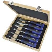 Faithfull 6-piece wood chisel set with blue soft grip handles in a wooden case.
