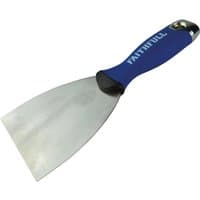 Faithfull soft grip filling knife with a blue handle and wide stainless steel blade.