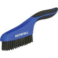 Blue and black Faithfull steel wire scratch brush with ergonomic handle and dense bristles.