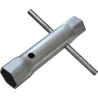 Silver Faithfull tap back nut spanner with T-shaped handle and hexagonal socket ends.