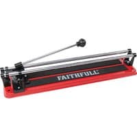 Red and black Faithfull TLC300 tile cutter with a long metal handle and sturdy base.
