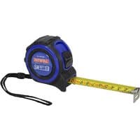 Black and blue Faithfull tape measure, 5M/16Ft, 25mm width, with yellow tape and wrist strap.