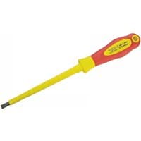 Red and yellow Faithfull Vde screwdriver with soft grip handle and parallel slotted tip, 6.5 x 150mm.
