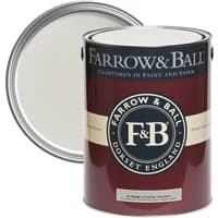 Farrow & Ball Exterior Masonry Paint, Ammonite No. 274, in an open maroon can with a white lid.