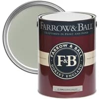 Farrow & Ball Exterior Masonry Paint, Blue Gray No. 91, in an open maroon and black can with visible paint inside.
