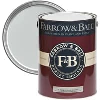Farrow & Ball Exterior Masonry Paint, Skylight No. 205, in maroon can with lid off, revealing light gray paint.