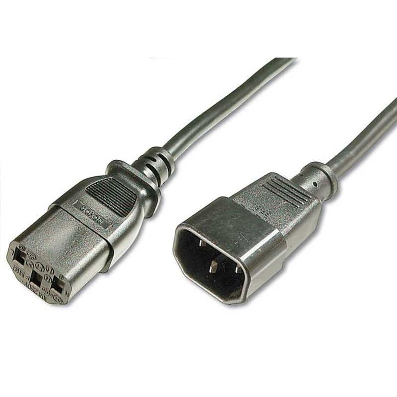 Black 0.5m IEC mains extension cable featuring a C13 socket on one end and a C14 plug on the other, made of durable plastic with a flexible rubberized finish.