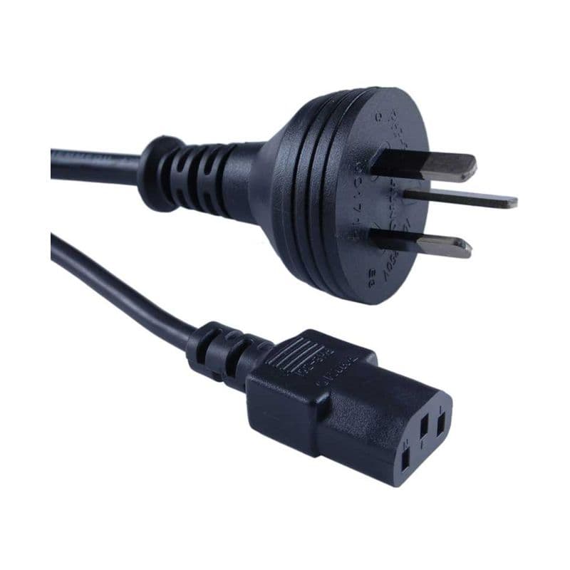 Black 2m Australian mains cable featuring a three-prong Australian plug on one end and a C13 IEC socket on the other, made of durable plastic.