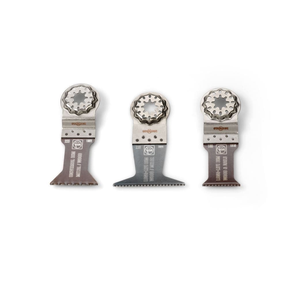 Three metal oscillating saw blades in varying shapes, featuring a starlock attachment system, designed for cutting wood and metal, with distinct markings for size and material.